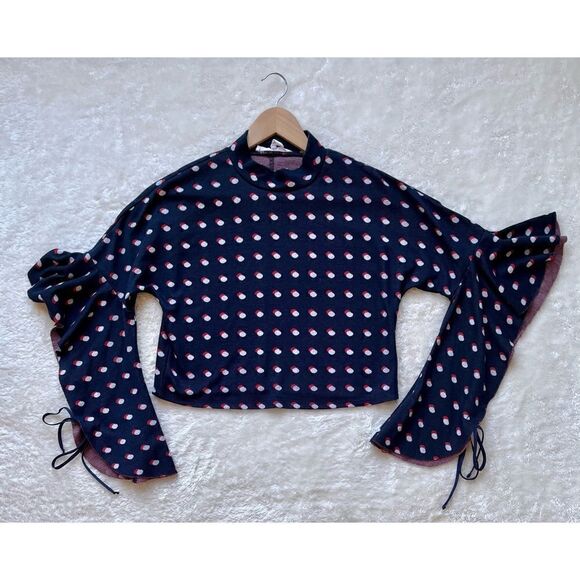 BCBGeneration Blue, Red & White Polka Dot Flutter Sleeves Mock Neck Crop Top - Picture 8 of 16